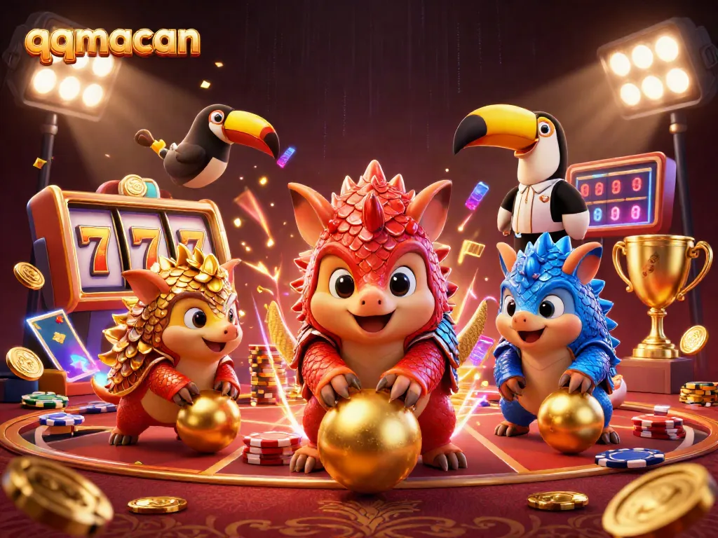 Experience the dynamic thrill of qqmacan as pangolins roll jackpots in a lively casino scene.