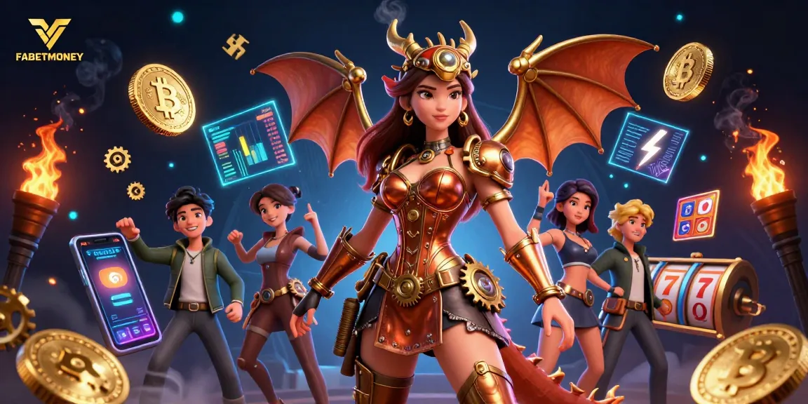 Engage with FABETMONEY in this vibrant 3D illustration showcasing an exciting casino scene with slot games and rich game elements.