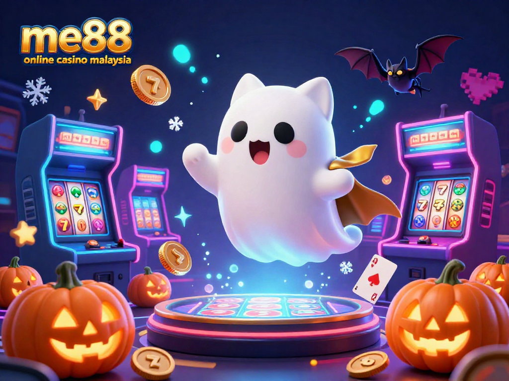 Experience the thrill of me88 online casino Malaysia with a vibrant scene of a ghost cat, gaming machines, and festive elements.