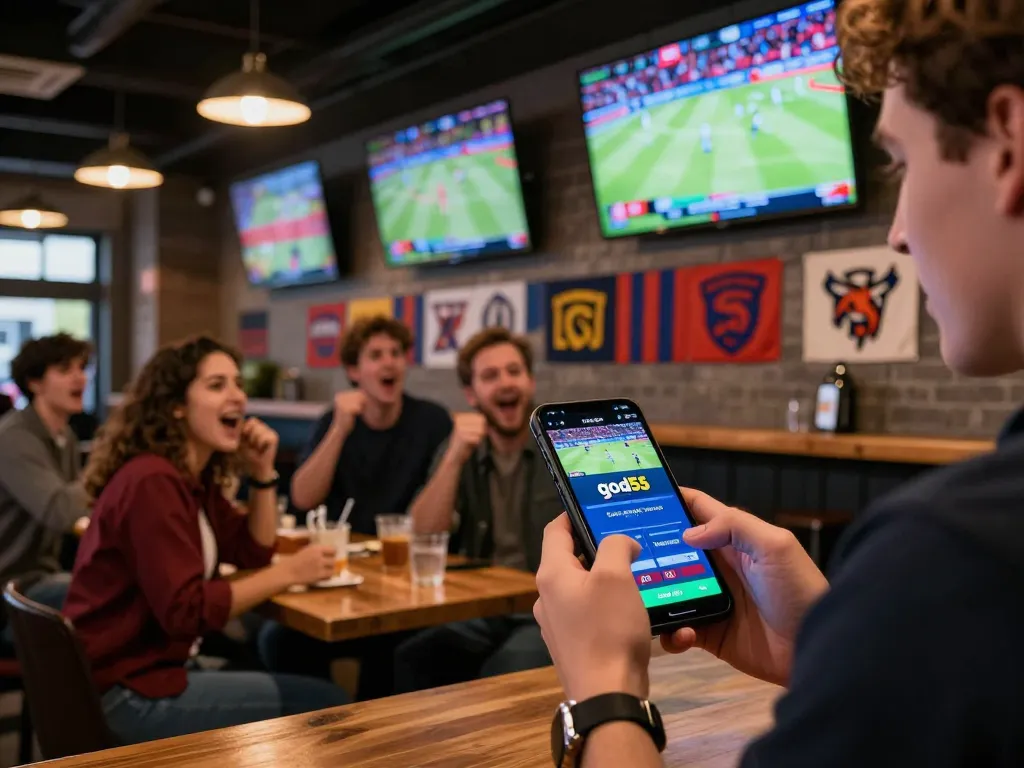 Fans engage with the god55 sports app while watching live matches in a lively sports bar environment.