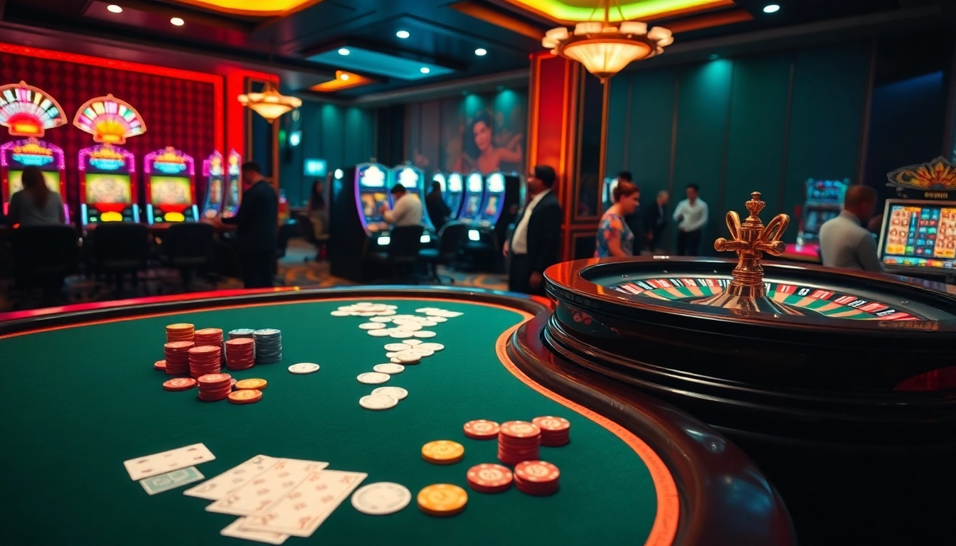 Experience the thrill of gambling at 98win trang chu with an elegant casino scene showcasing poker and roulette.