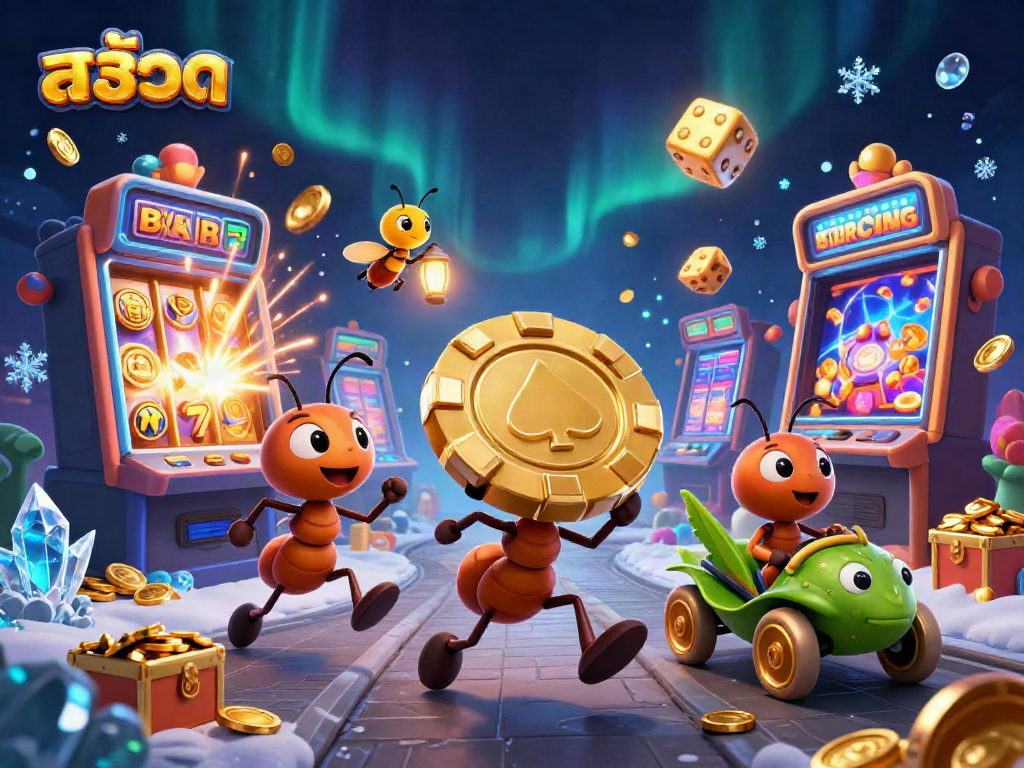 Spin thrilling สล็อต adventures with a team of ants pulling off a heist while slot machines burst with winnings.