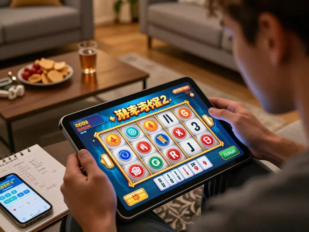 Engaged player spinning reels on Mahjong Ways 2 slot game tablet, showcasing vibrant graphics in cozy home setting.