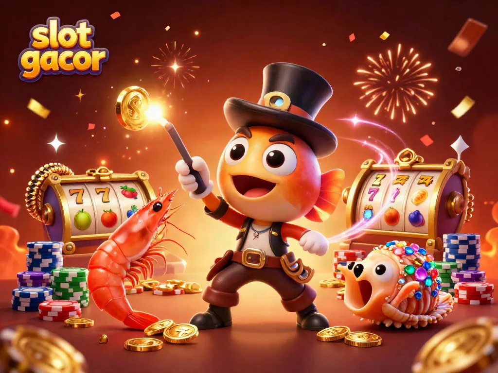 Menggali slot gacor dengan ilustrasi 3D yang menunjukkan ikan banteng bercahaya dan karakter menarik lainnya.