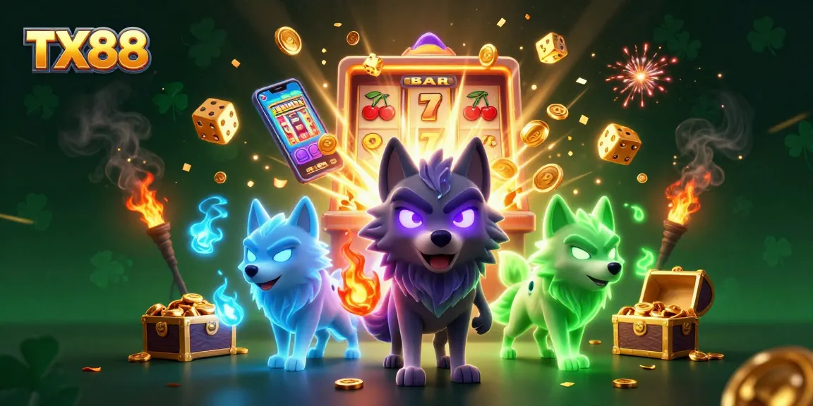 Experience thrilling jackpots with TX88 as mystical wolves celebrate casino wins amidst glowing treasures.