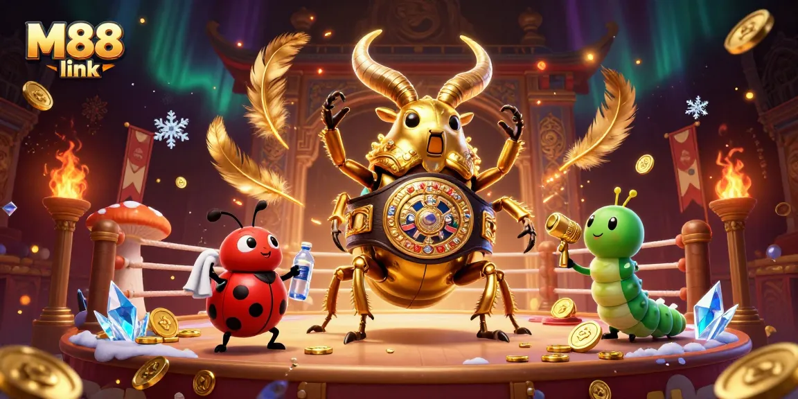 Engage with the M88 link featuring a giant golden stag beetle in a vibrant casino-themed boxing arena.