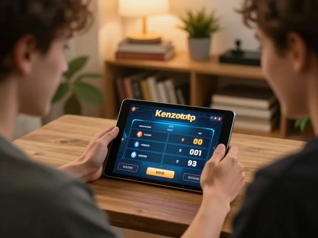 Pengaturan permainan online Kenzototo dengan pemain yang terlibat dalam taruhan strategis di tablet.