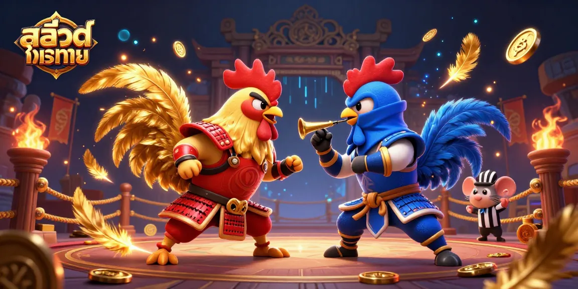 Engage in สล็อตทดลอง with dynamic roosters in a colorful casino-themed fight scene.