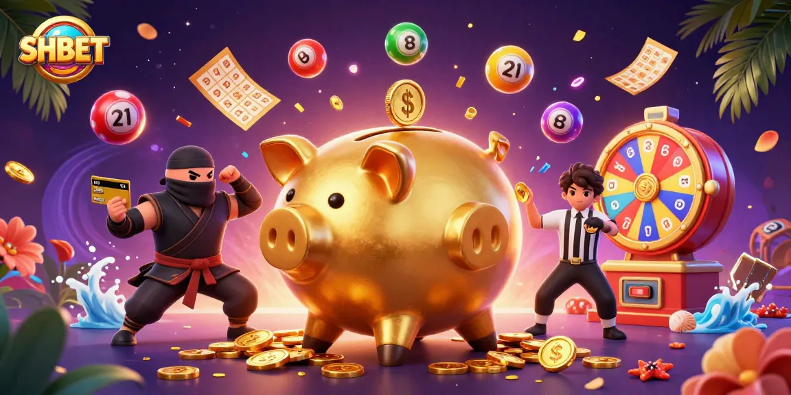 Engage in thrilling moments with SHBET as a golden piggy bank sumo wrestler dominates the gambling scene.