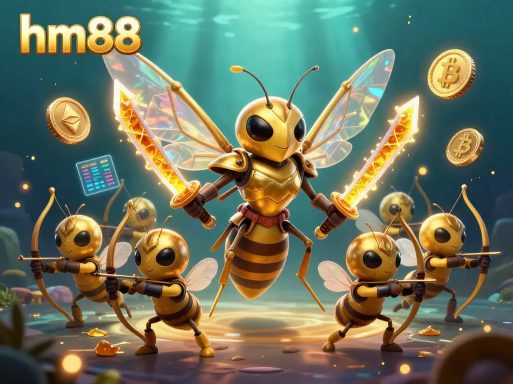 Experience exciting gambling action with hm88's vibrant casino-themed illustration featuring a golden hornet and crypto elements.