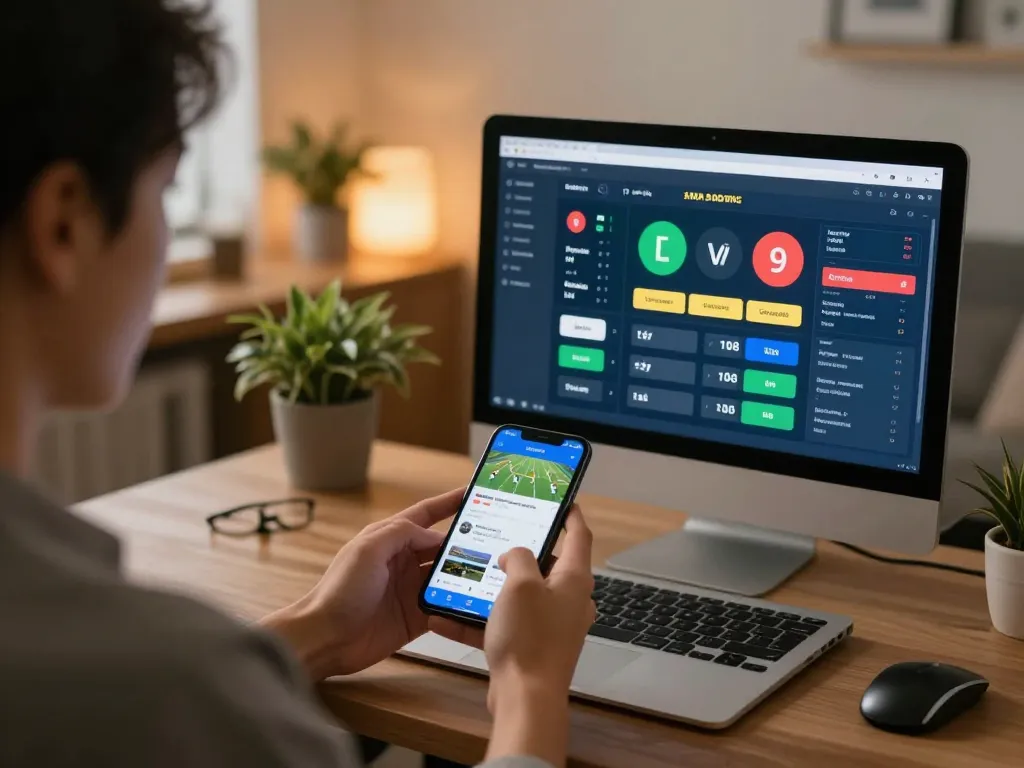Person analyzing tỷ lệ bóng đá trực tuyến on smartphone in cozy home office