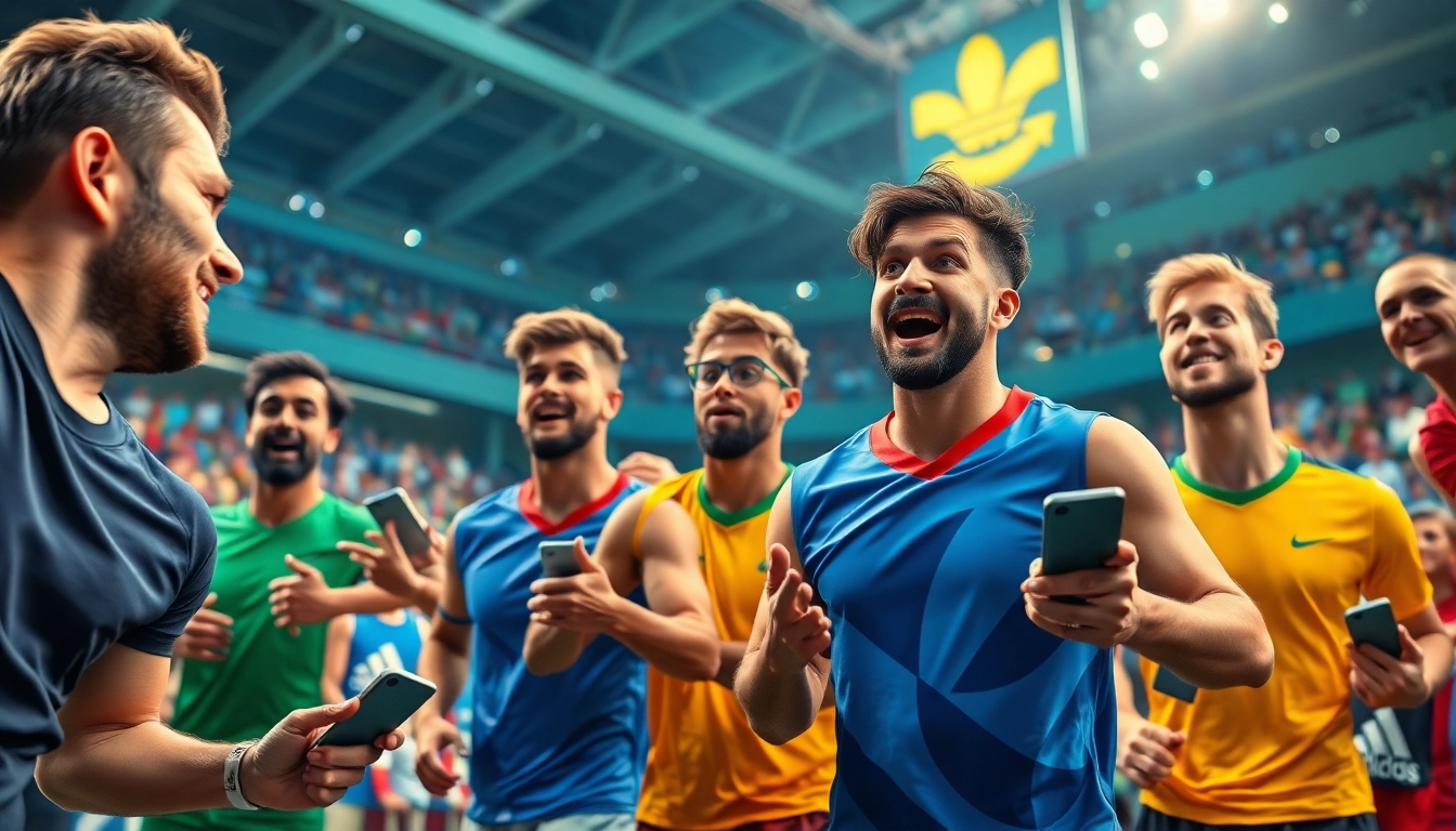 Engage in Sports Betting with vibrant athletes, excited crowd, and dynamic atmosphere.