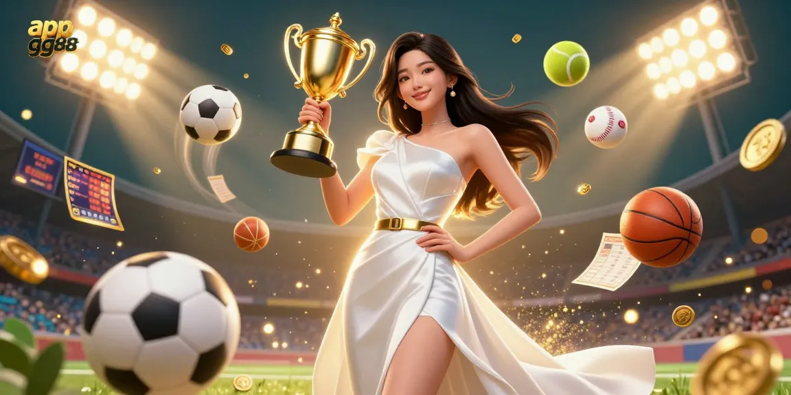 Experience excitement with app gg88 as the Asian woman holds a trophy amidst dynamic sports betting elements.