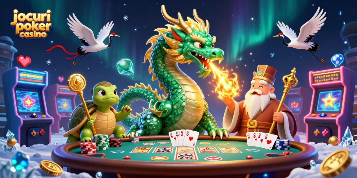 Joacă jocuri poker casino alături de un dragon smarald și personaje fascinante într-o scenă plină de detalii magice.