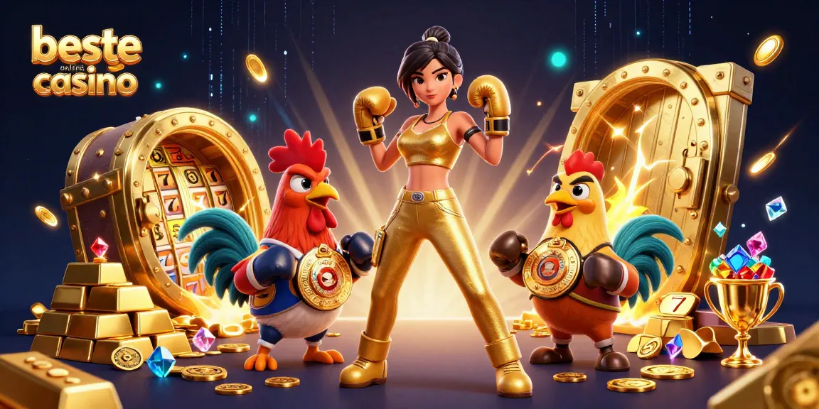 Win big at the beste online casino with an exciting 3D illustration of a boxing champion and a rooster.