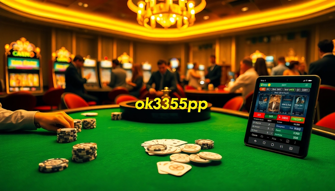 Experience high-stakes excitement with ok365pp at a luxurious casino table surrounded by colorful chips.