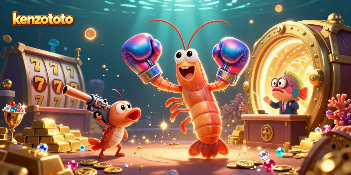 Kenzototo's vibrant casino action scene with a mantis shrimp, a pistol shrimp, and a coral grouper surrounded by gold wealth