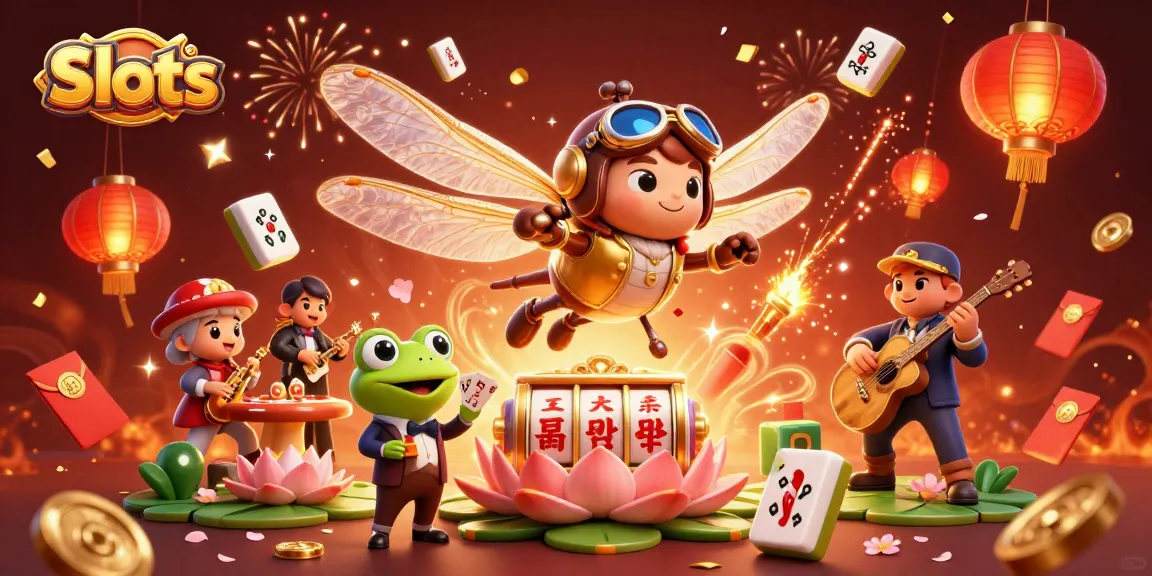 Engage with joyful Slots action as a cartoon dragonfly pilot floats above a lily pad casino.