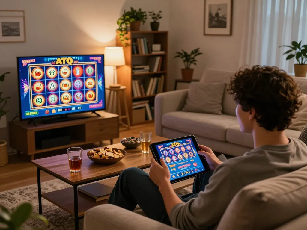 Engaged player enjoying ATQ casino games on tablet in cozy home environment