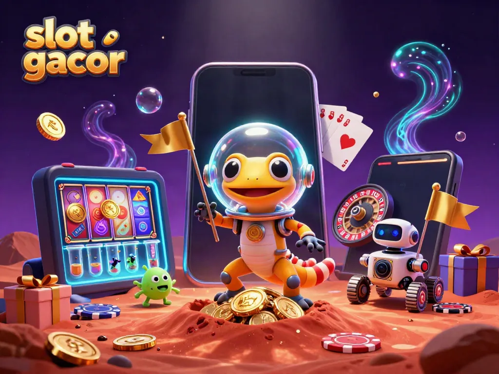 Engaging illustration featuring slot gacor elements with a Martian gecko discovering a golden casino on Mars.