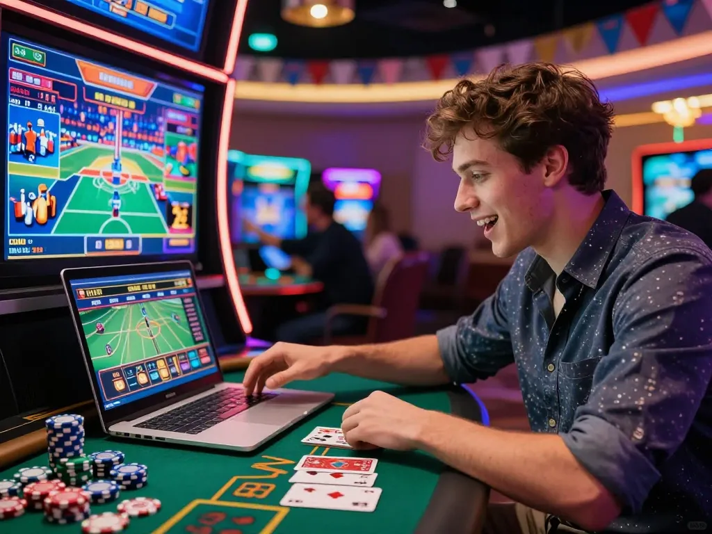 An enthusiastic player engaging with online betting at Onbet, showcasing the thrill of link vào onbet for casino games and sports betting.