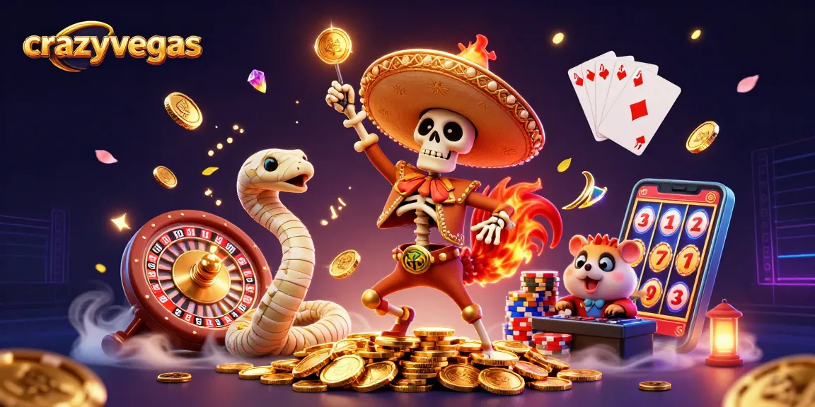 Experience crazyvegas excitement with a lively 3D illustration featuring a mariachi rooster and casino elements.