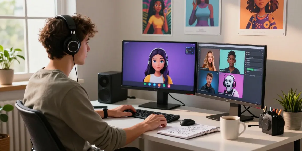 User interacting with Crushon ia AI characters in a cozy home office with vibrant decor and multiple screens displaying chat sessions.