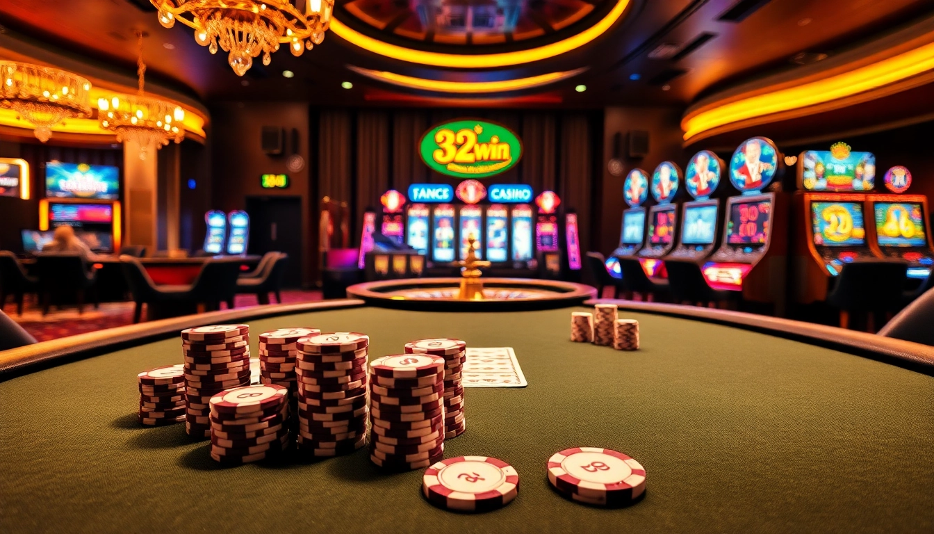 Exciting casino scene with poker chips and a roulette table at 32win.
