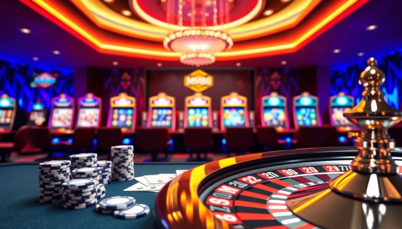 Experience excitement with mm88 sa com's vibrant casino scene featuring poker chips and slot machines.