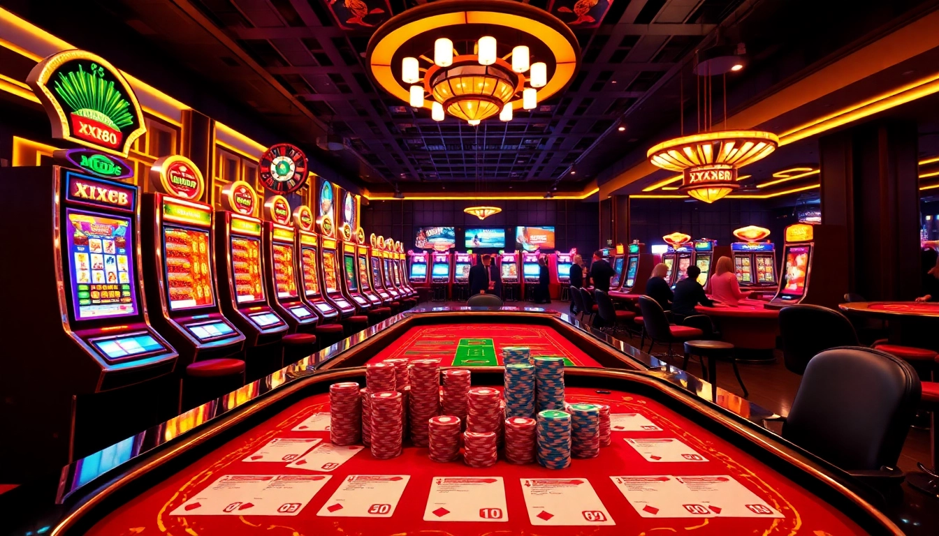 Exciting gameplay at XX88 casino with vibrant slot machines and poker chips.