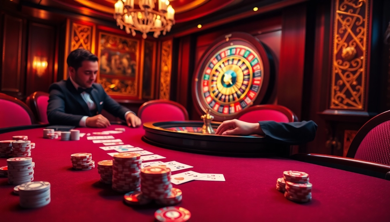 Engaged players enjoying high-stakes poker with OK8386 chips and cards at a luxury casino.
