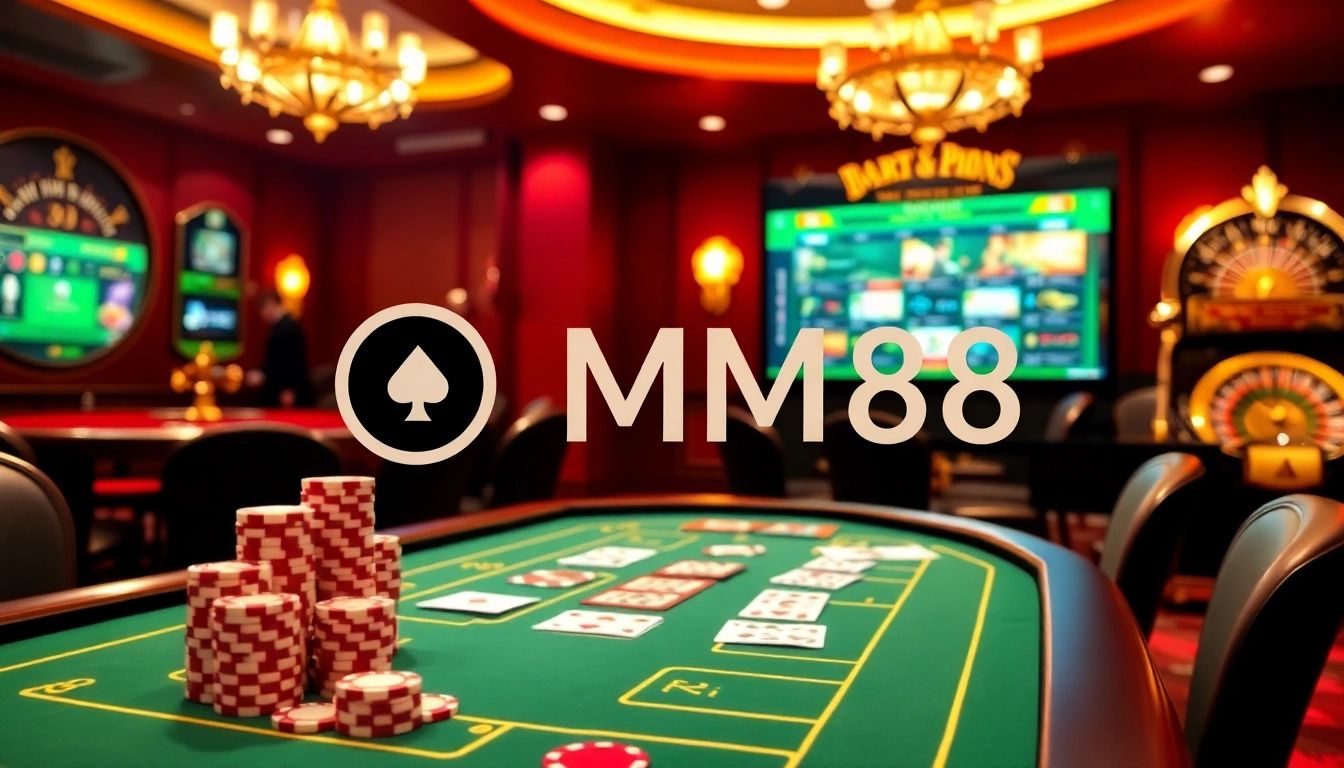 Engaging scene of MM88 gambling with casino tables, vibrant chips, and cards showcasing excitement.