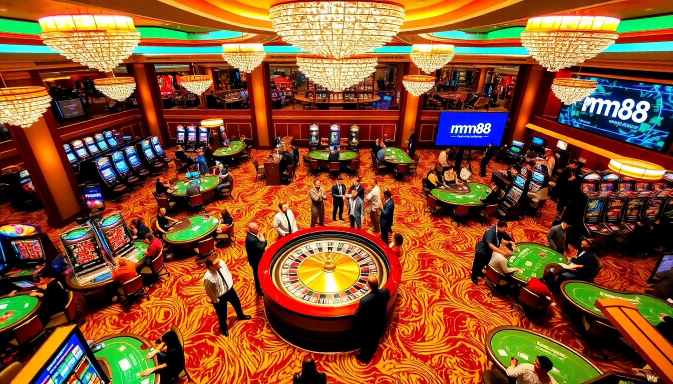 Exciting scene of gamblers engaging with mm88 casino games on a luxurious gaming floor.