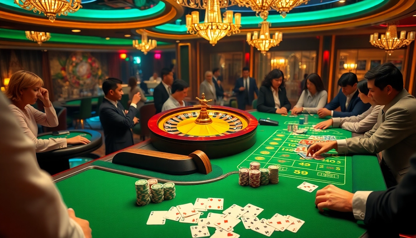 Experience the thrilling allure of OK8386 in a vibrant casino scene filled with roulette and poker excitement.