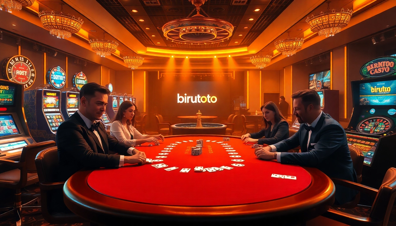 Mengundang pemain di meja poker mewah, menampilkan kegembiraan kasino bertema Birutoto.