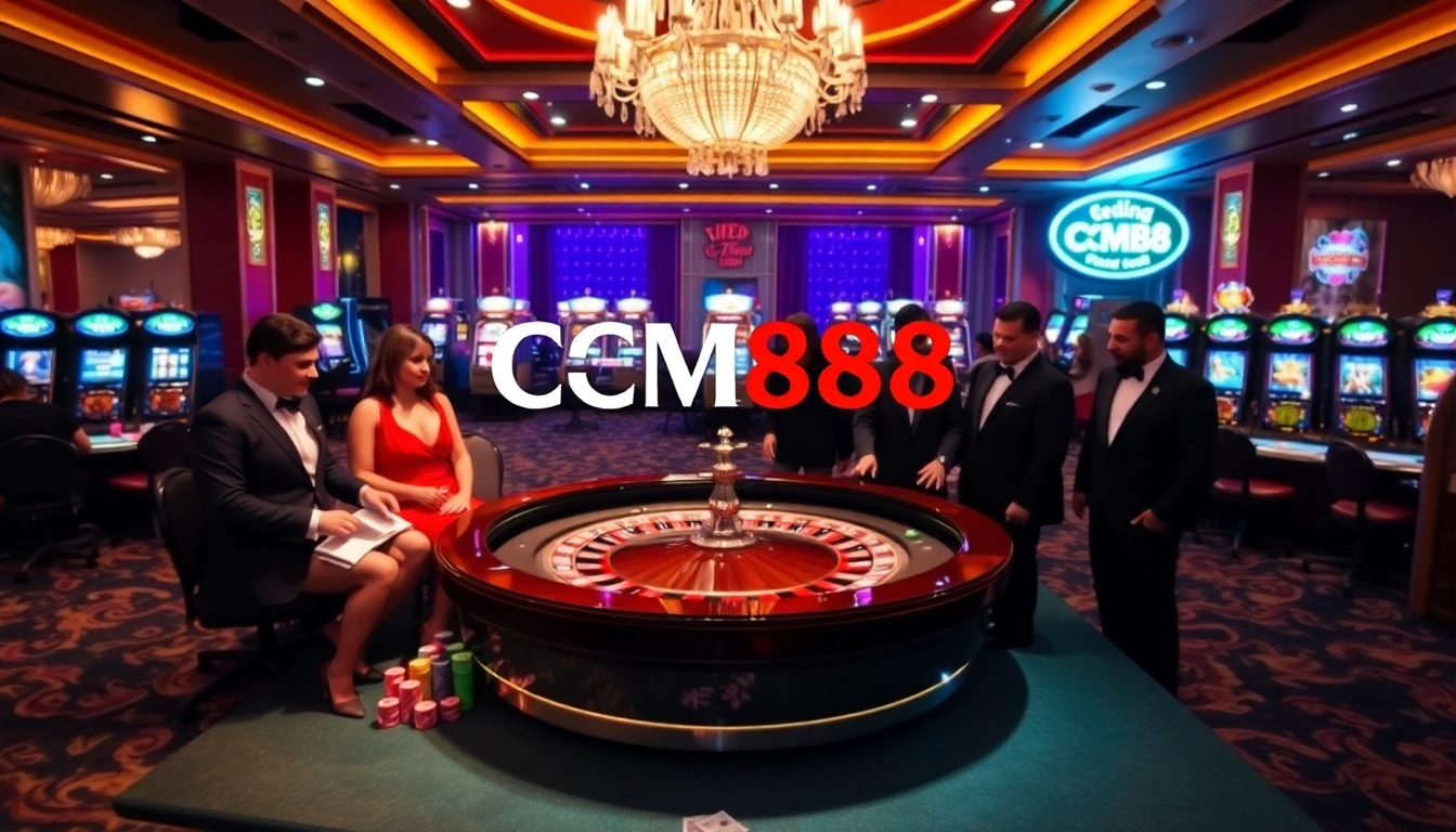Players enjoying high-stakes games at the CM88 roulette table in a luxurious casino.