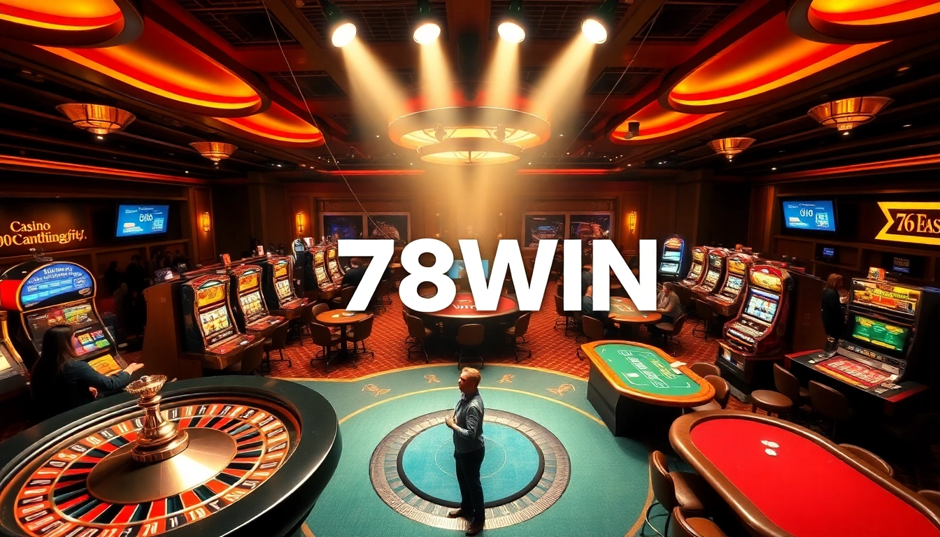 Engaging casino scene showcasing Link mới nhất 78WIN elements with poker tables, roulette wheels, and vibrant slot machines.