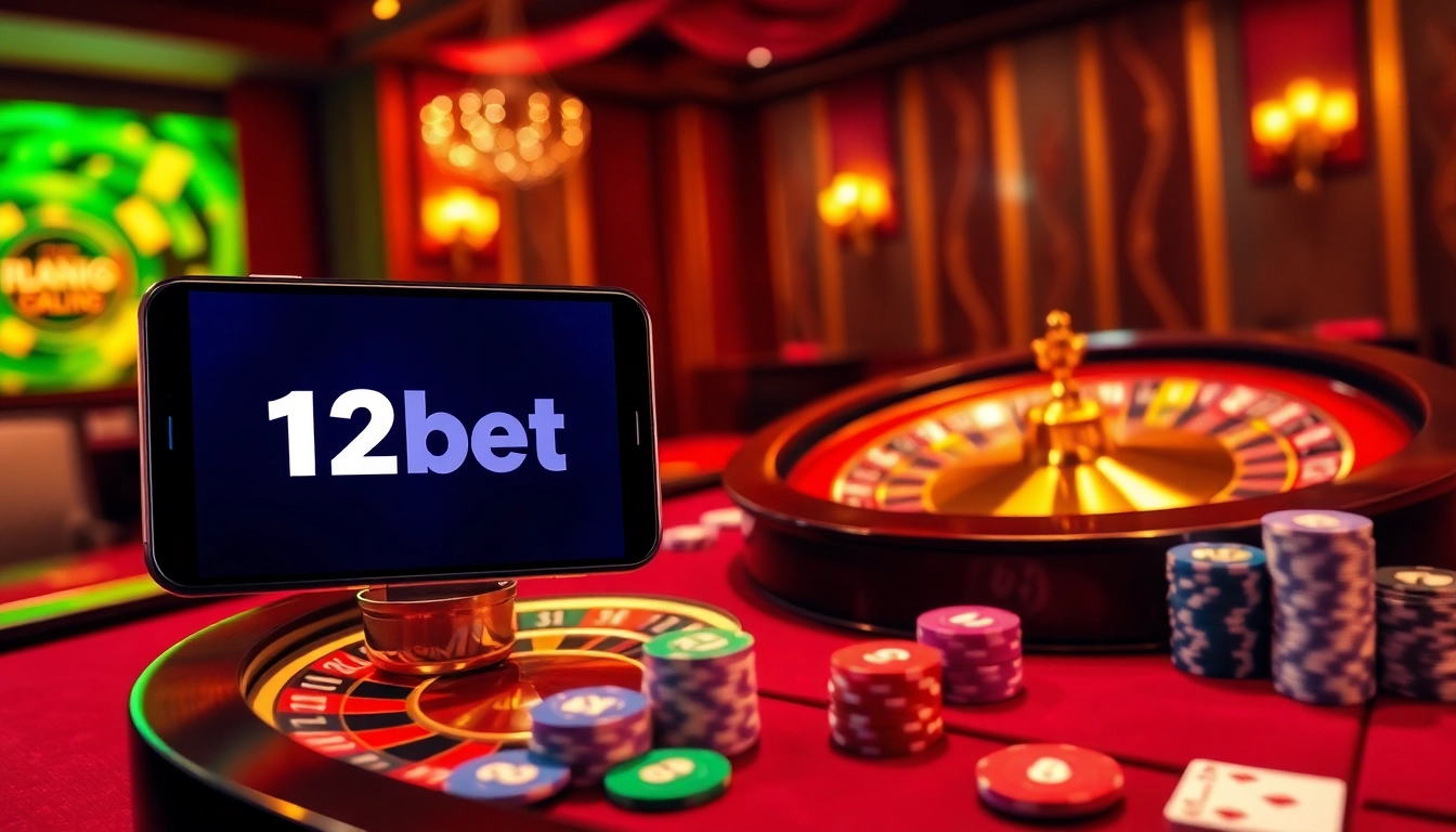 Experience the thrill of online gaming with 'ink vao 12bet' in a dynamic casino scene filled with roulette, cards, and chips.