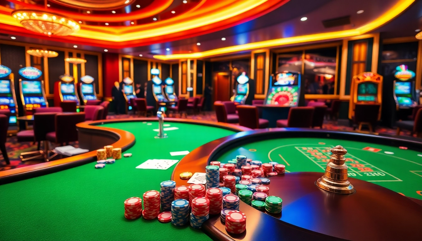Engaging scene of a luxurious casino showcasing gambling excitement at https://thabet.vegas/ with lively players and gaming elements.