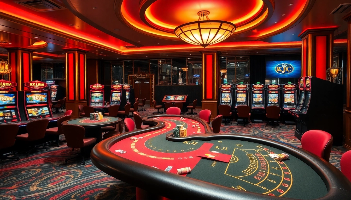 KJC-themed casino scene featuring poker tables and luxury slot machines for gambling enthusiasts.