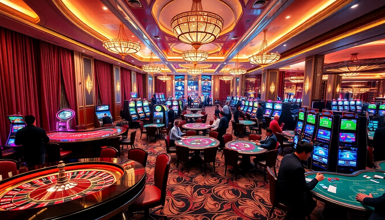 A thrilling gameplay scene at Casino TG88 showcasing diverse table games and vibrant slot machines.