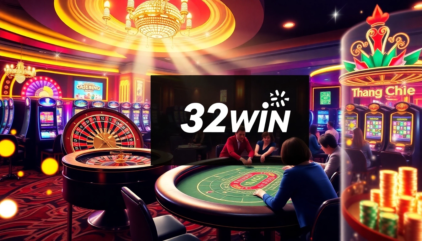 Exciting scene from trang chủ 32win featuring luxury casino gaming elements and vibrant gambling activities.