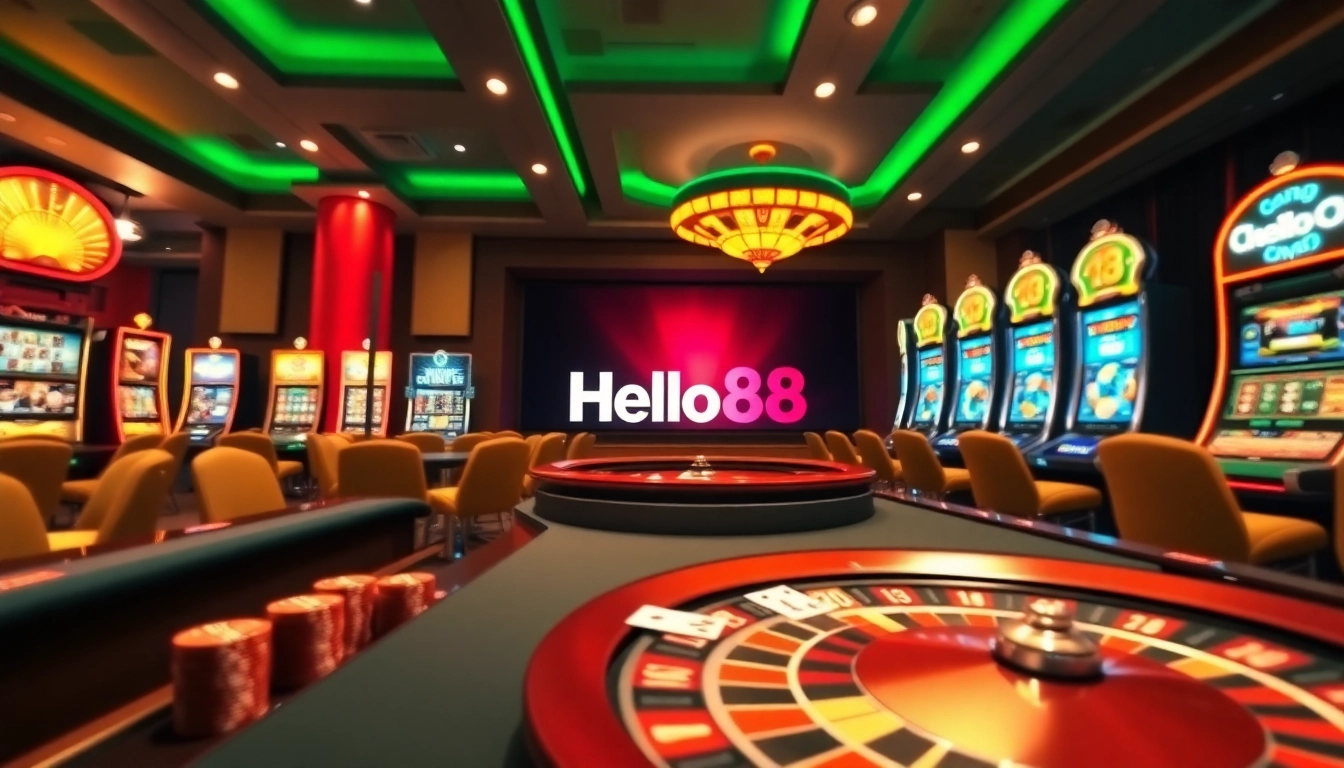 Hello88 casino scene with luxurious poker table and roulette wheel, showcasing vibrant gambling action.