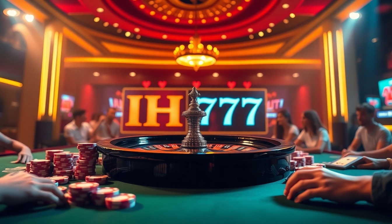 Experience the thrill of IH777 at a lively casino with poker chips and roulette wheel.
