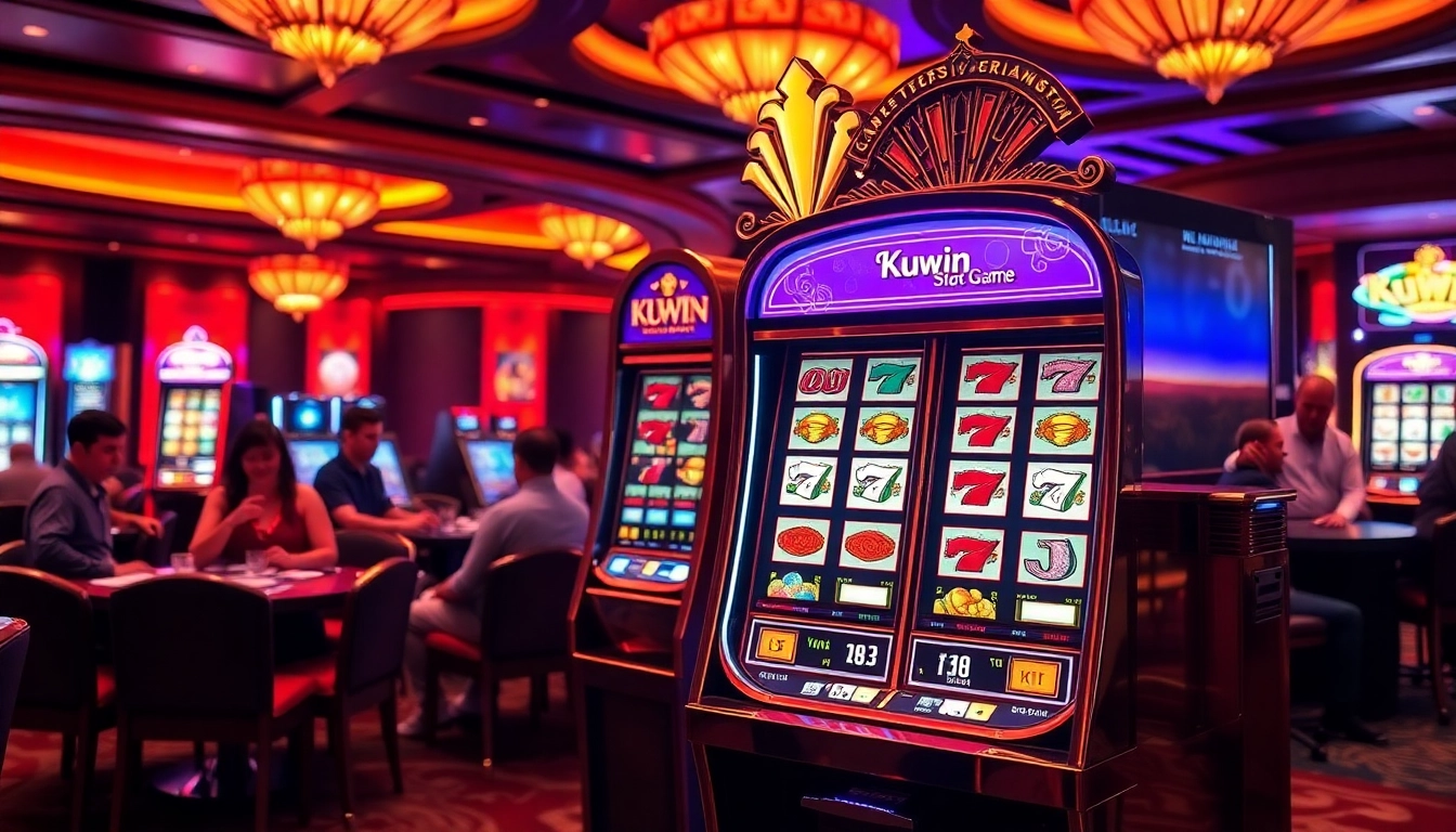 Players celebrating wins at the Kuwin slot game in a lively casino environment.
