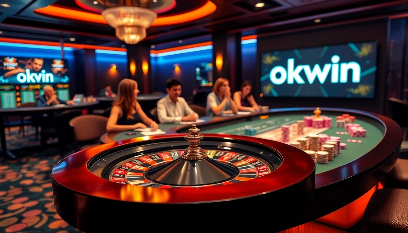 Engage in thrilling games at OKWIN, a vibrant online casino atmosphere filled with poker chips and exciting betting.