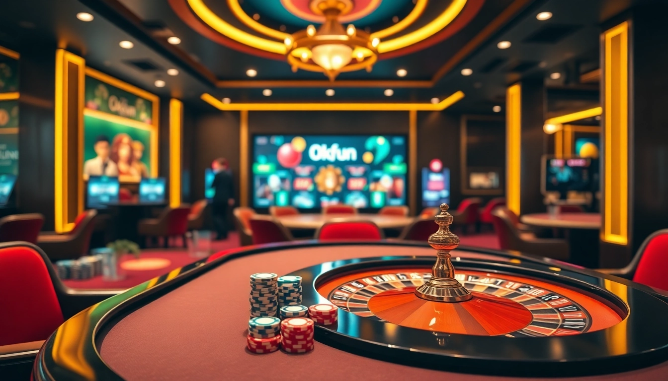 Okfun gaming table and roulette wheel setting in a luxurious casino environment.
