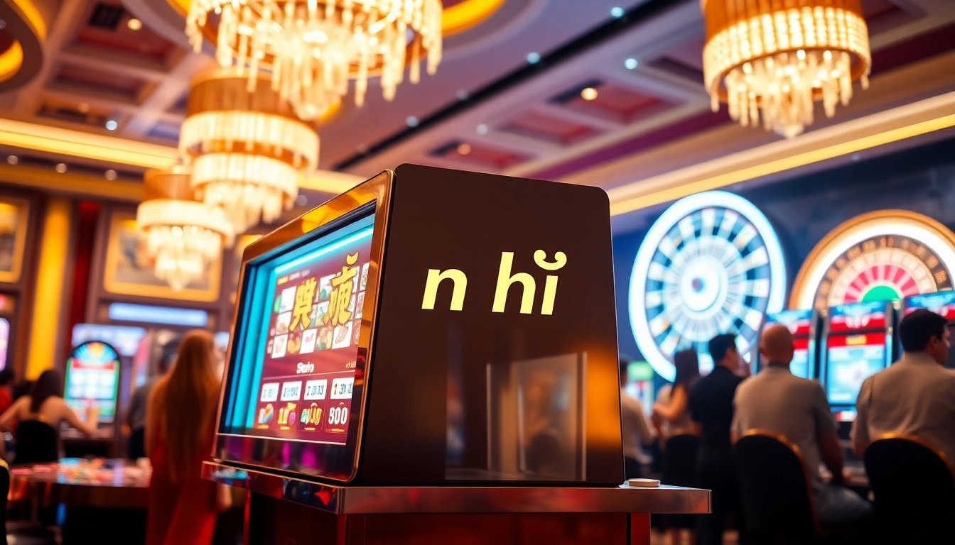 Players enjoying the excitement of nổ hũ at vibrant slot machines in a luxurious casino.