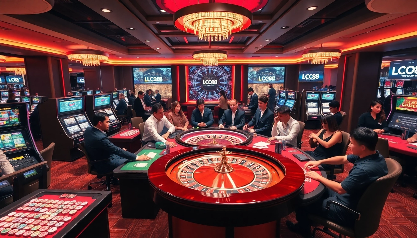 LC88 casino excitement with vibrant tables, thrilling players, and engaging gambling activities.
