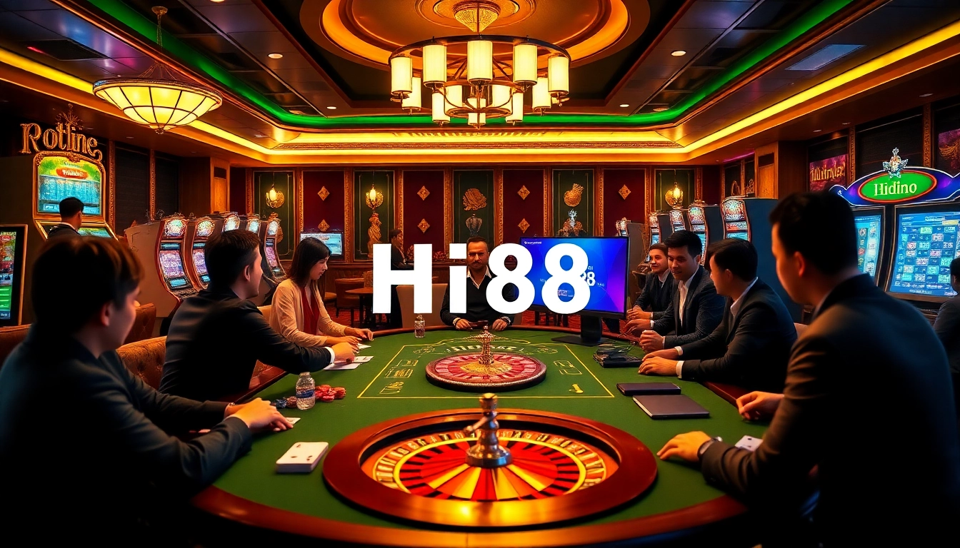 Hi88 players strategizing at a luxurious online casino table filled with excitement.